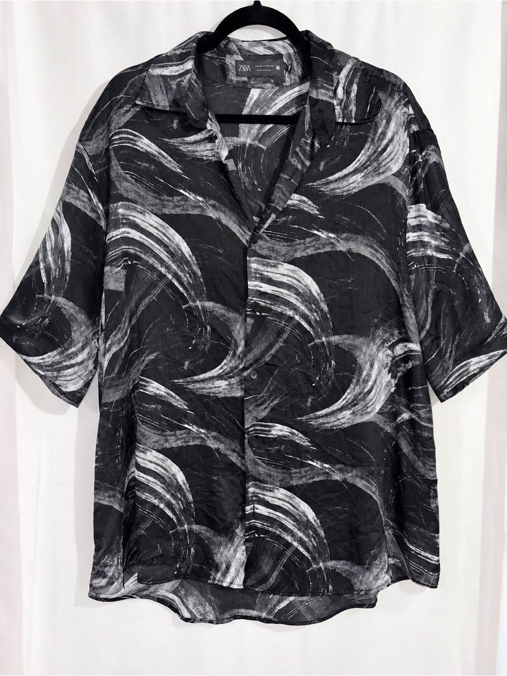 ZARA Men's Black Gray White Abstract Brushstroke Print Shirt Medium